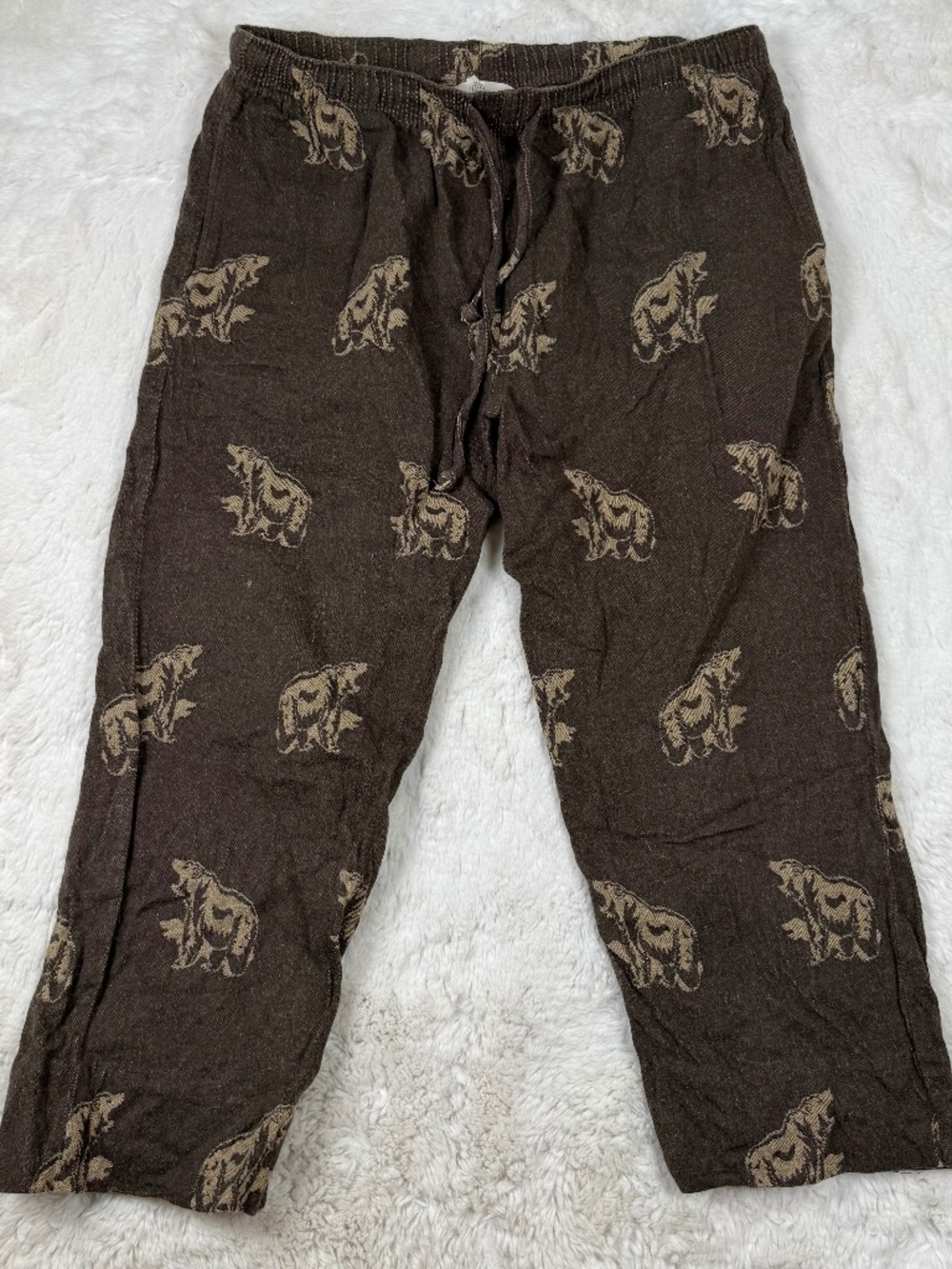 Woolrich Brown Grizzly Bear Printed Pants 100% Cotton Drawstring Men's Large